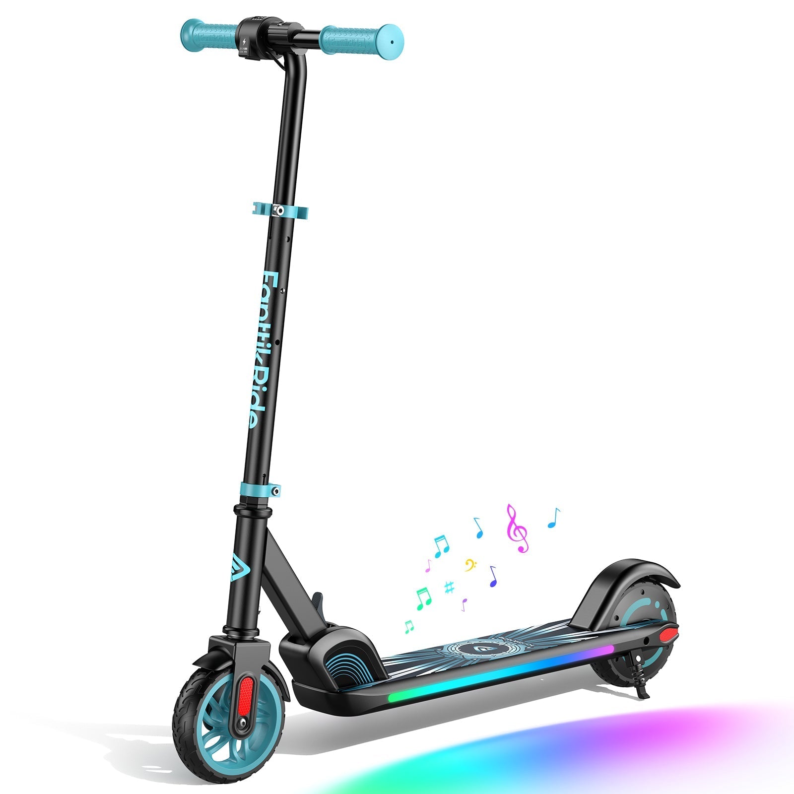 FanttikRide C9 Apex blue electric scooter for kids with music notes and rainbow LED lights.