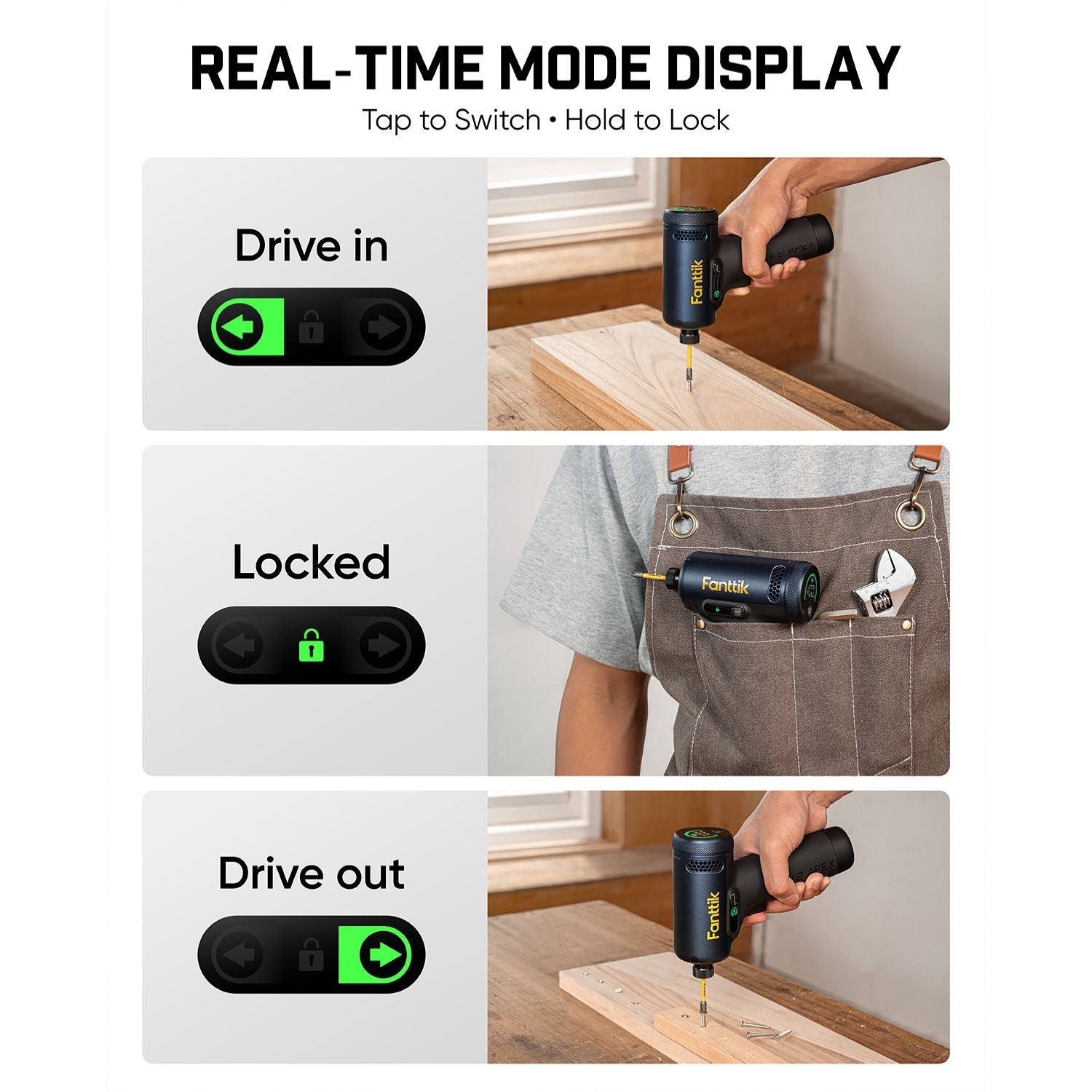Fanttik REX K2 APEX impact driver real-time mode display for drive in, locked, and drive out settings