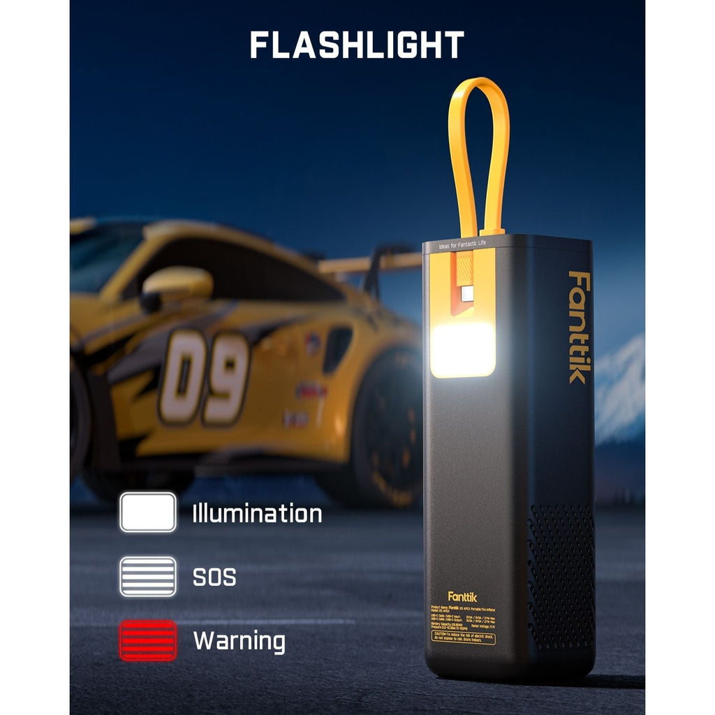 Fanttik X9 APEX tire inflator with built-in flashlight, illumination, SOS and warning modes
