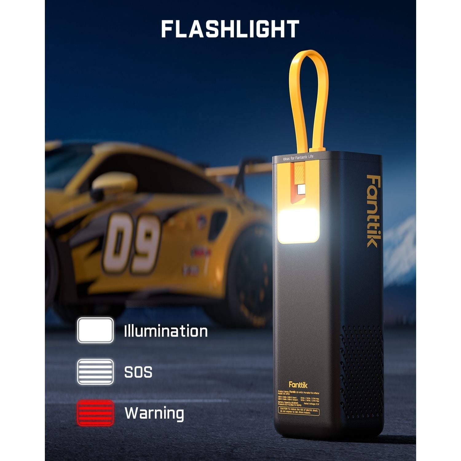 Fanttik X9 APEX tire inflator with built-in flashlight, illumination, SOS and warning modes