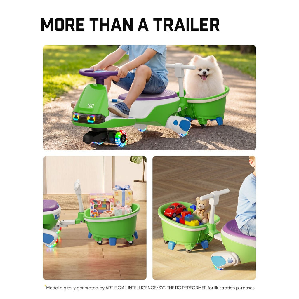 FanttikRide N10 trailer attached to wiggle car, green storage cart for kids