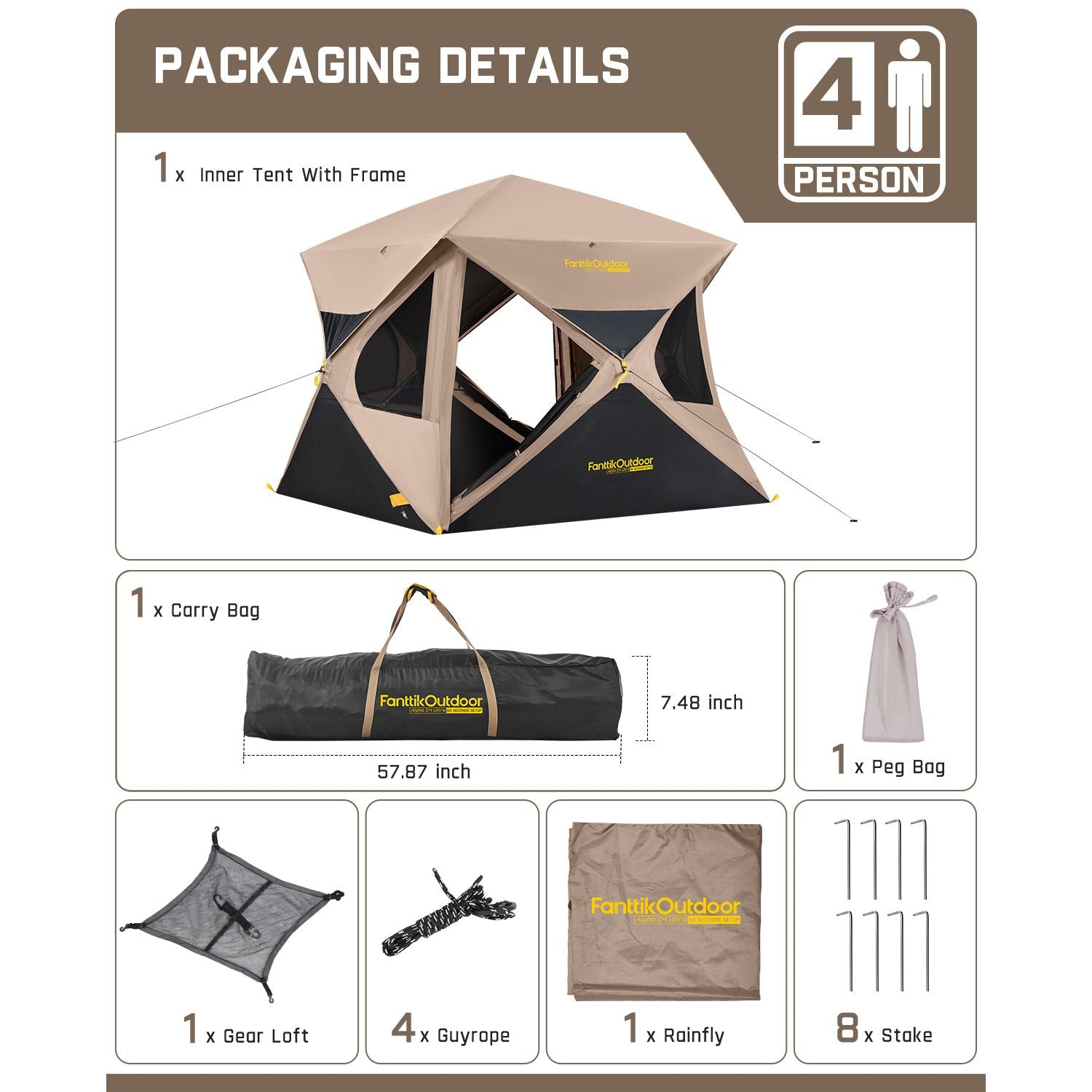 FanttikOutdoor Alpha C4 Ultra tent packaging: 4-person capacity, tent, carry bag, gear loft, guylines, rainfly, stakes.