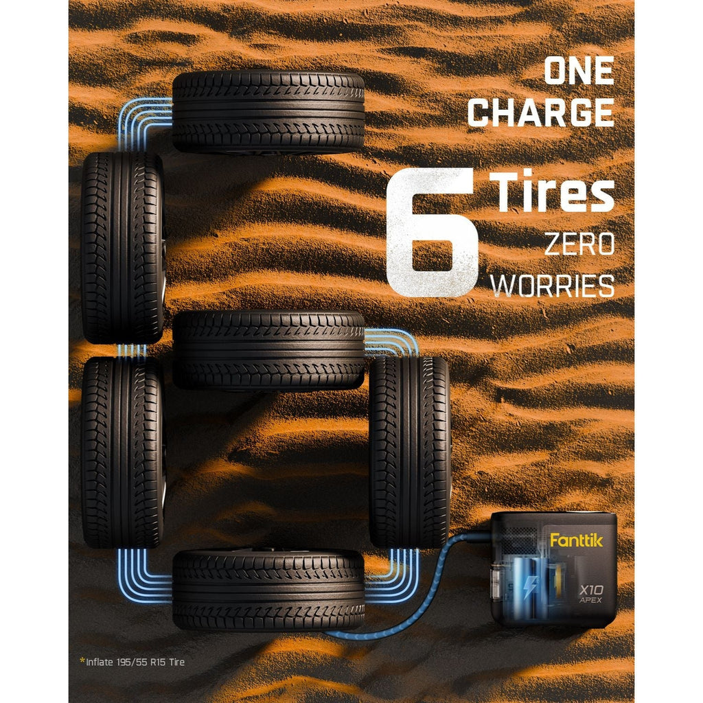 Fanttik X10 APEX tire inflator powering six tires on one charge, illustrating its high-capacity dominance.