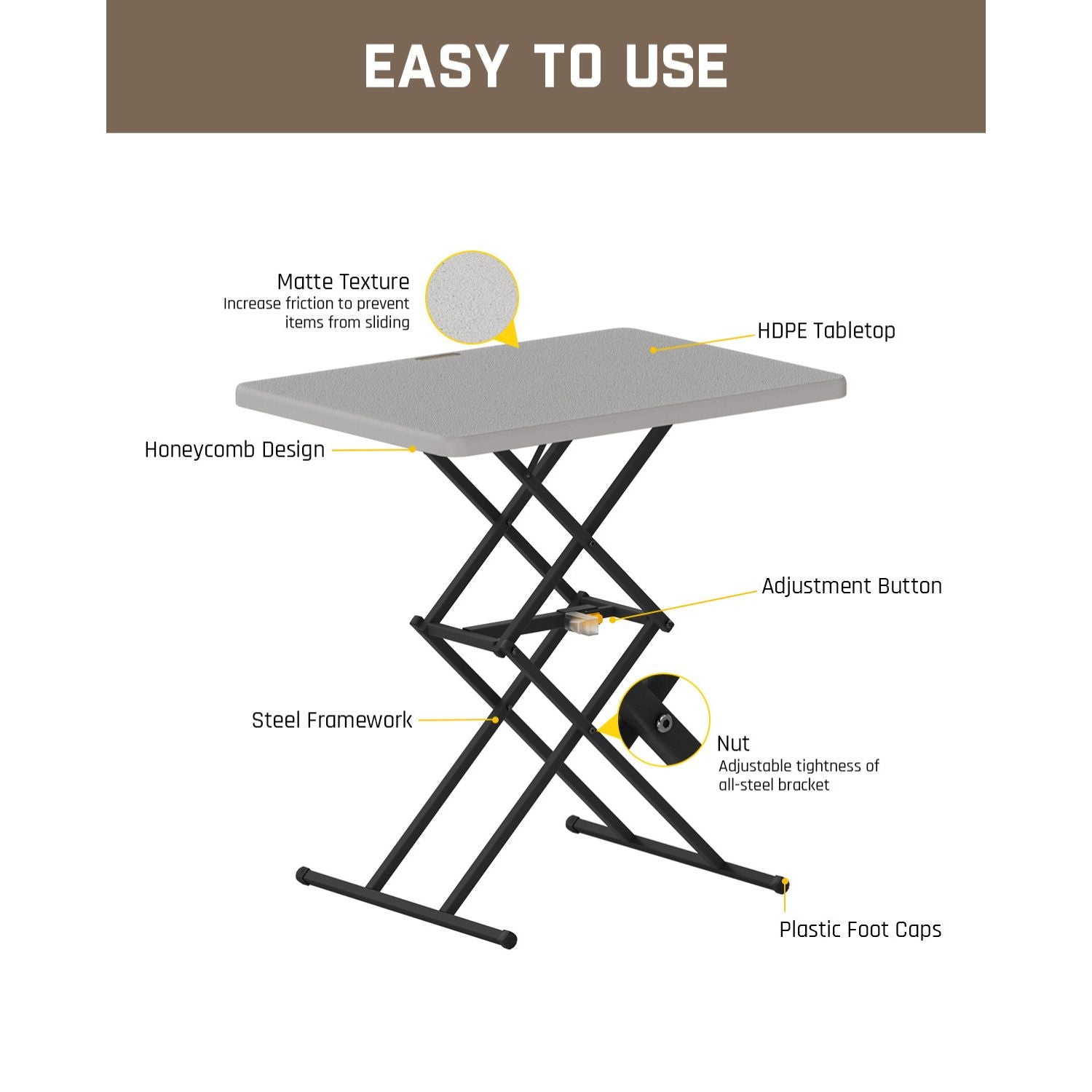 FanttikOutdoor Zeta X1 Pro table diagram showing HDPE tabletop, steel framework, adjustment button, and plastic foot caps.
