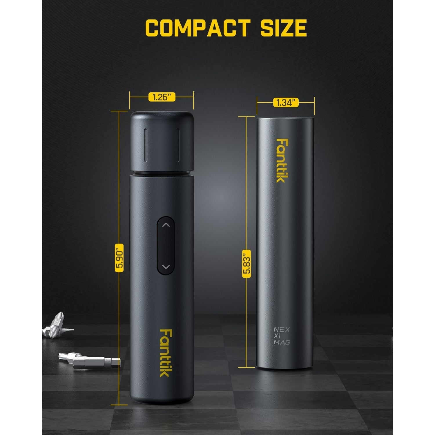 Fanttik S1 Capsule Deluxe cordless screwdriver shown next to its magnetic storage cap, with dimensions indicated.