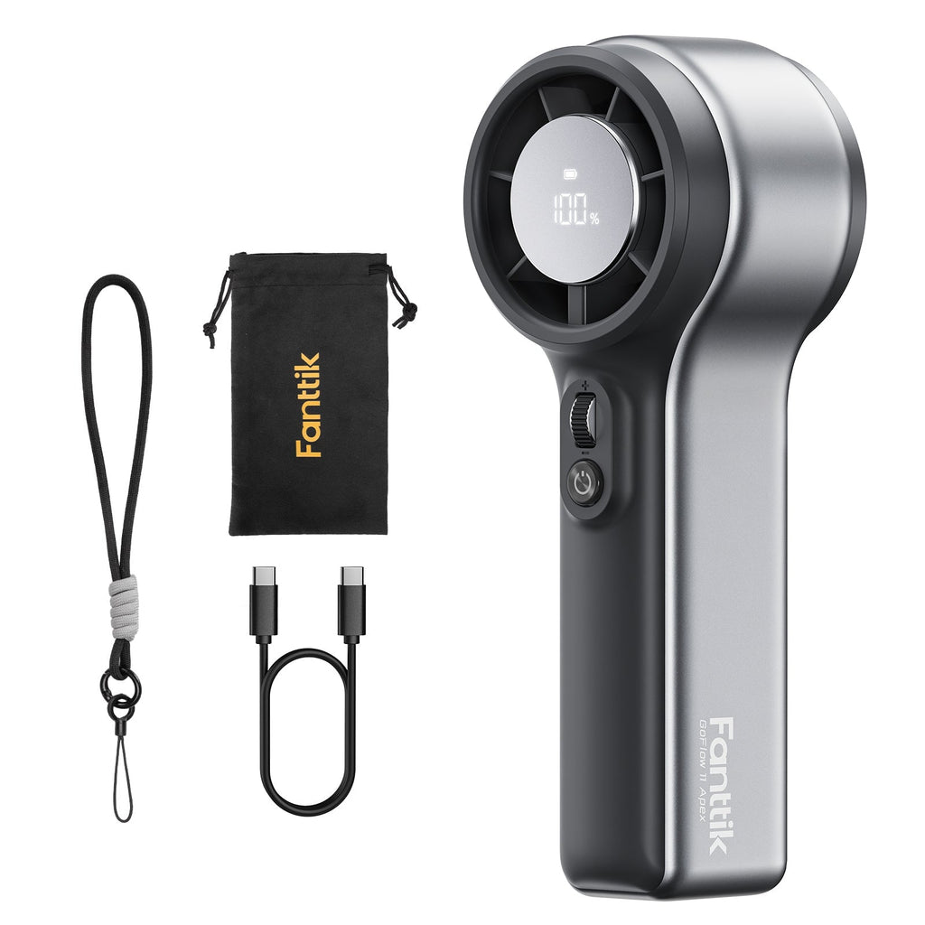 Fanttik GoFlow 11 Apex handheld fan with lanyard, carrying pouch, and USB-C cable