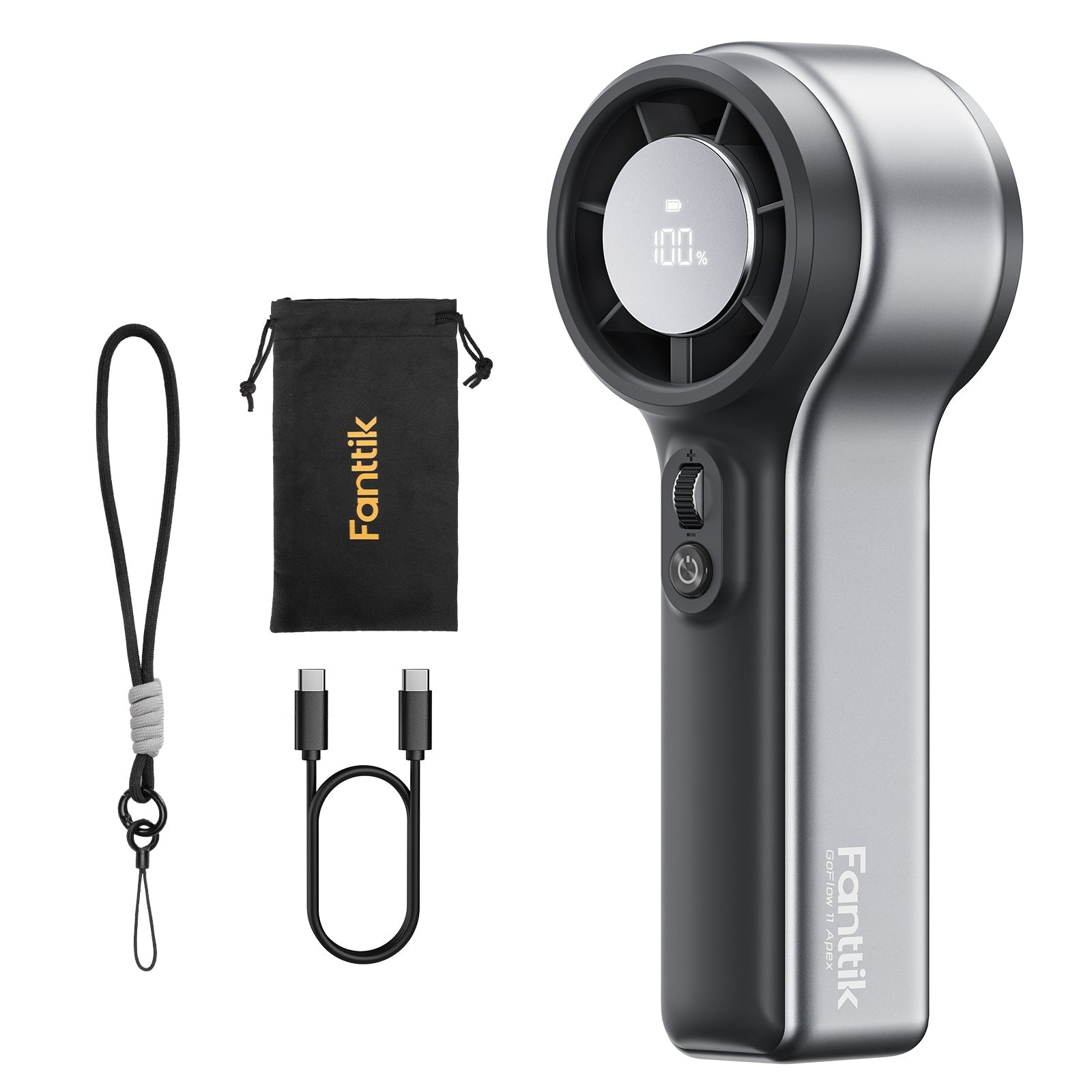 Fanttik GoFlow 11 Apex handheld fan with lanyard, carrying pouch, and USB-C cable