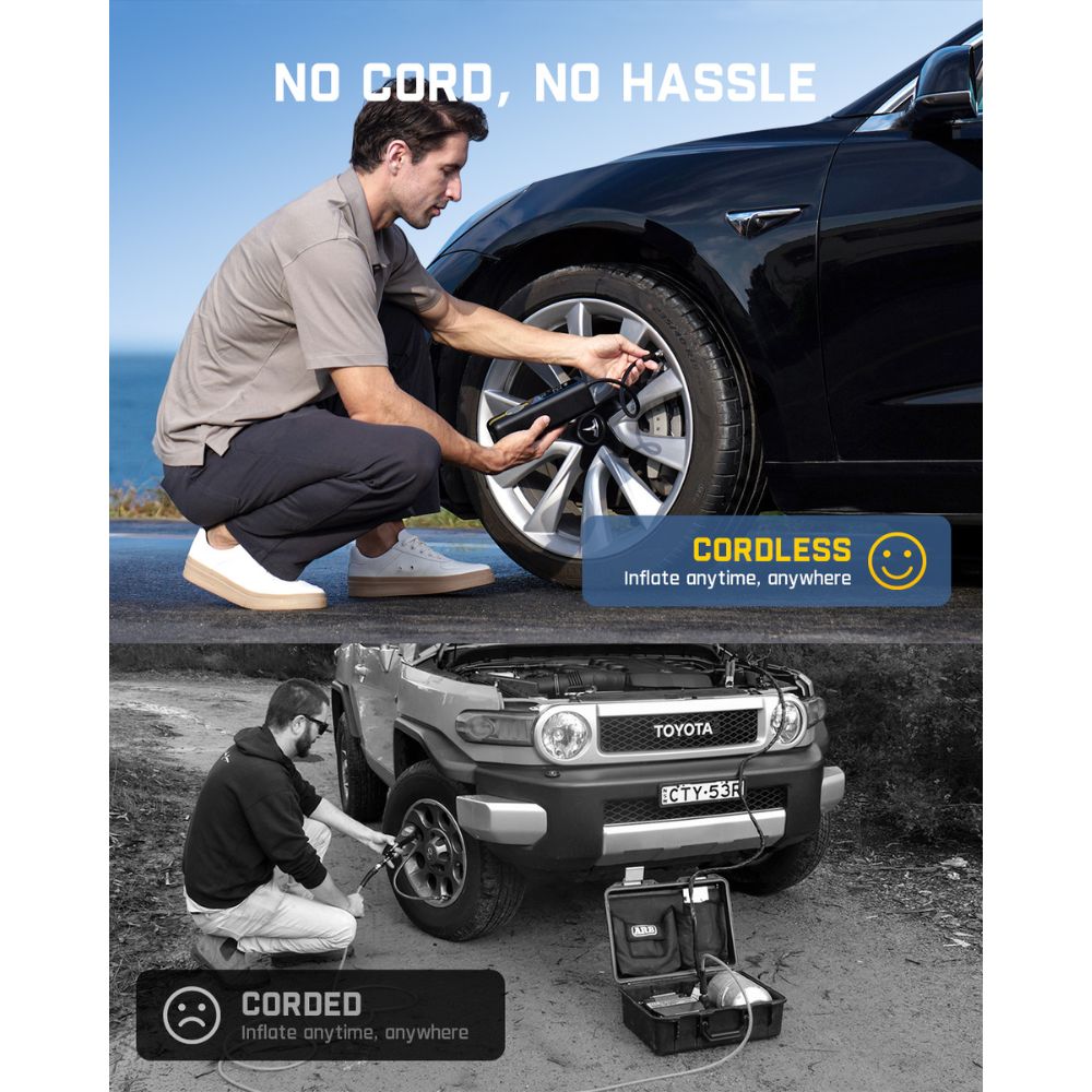 Cordless tire inflator in use on EV car wheel, with no cord, no hassle text