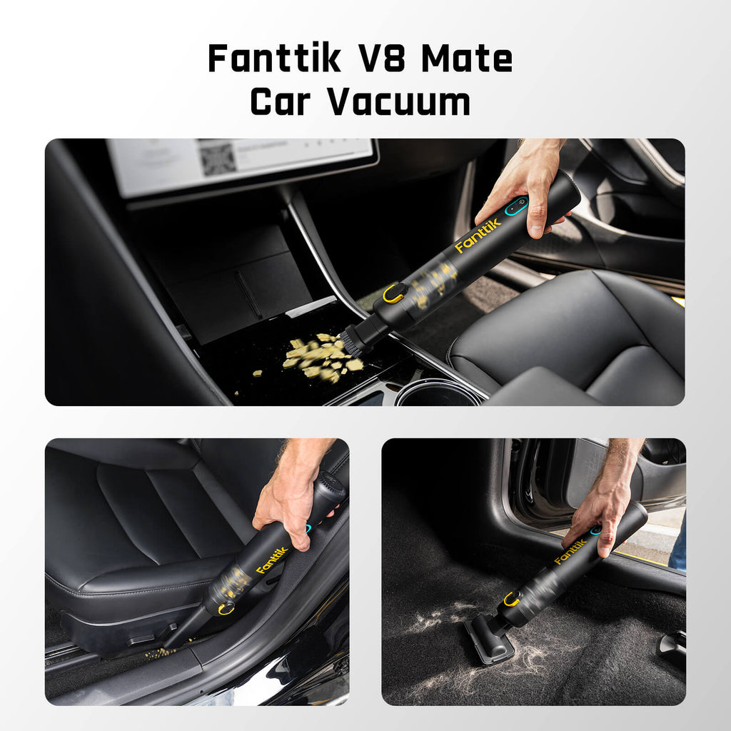 Fanttik V8 Mate car vacuum cleaning debris from car interior, seats, and carpet.