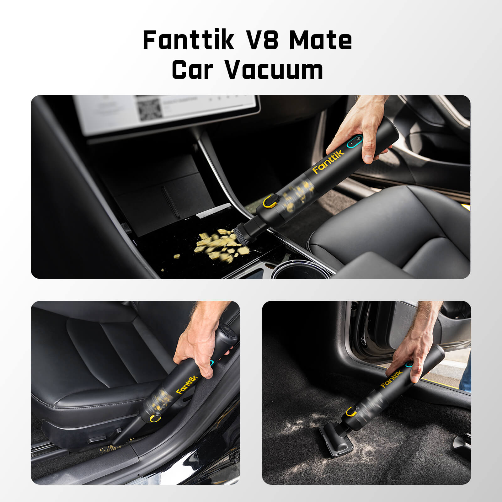 Fanttik V8 Mate car vacuum cleaning debris from car interior, seats, and carpet.