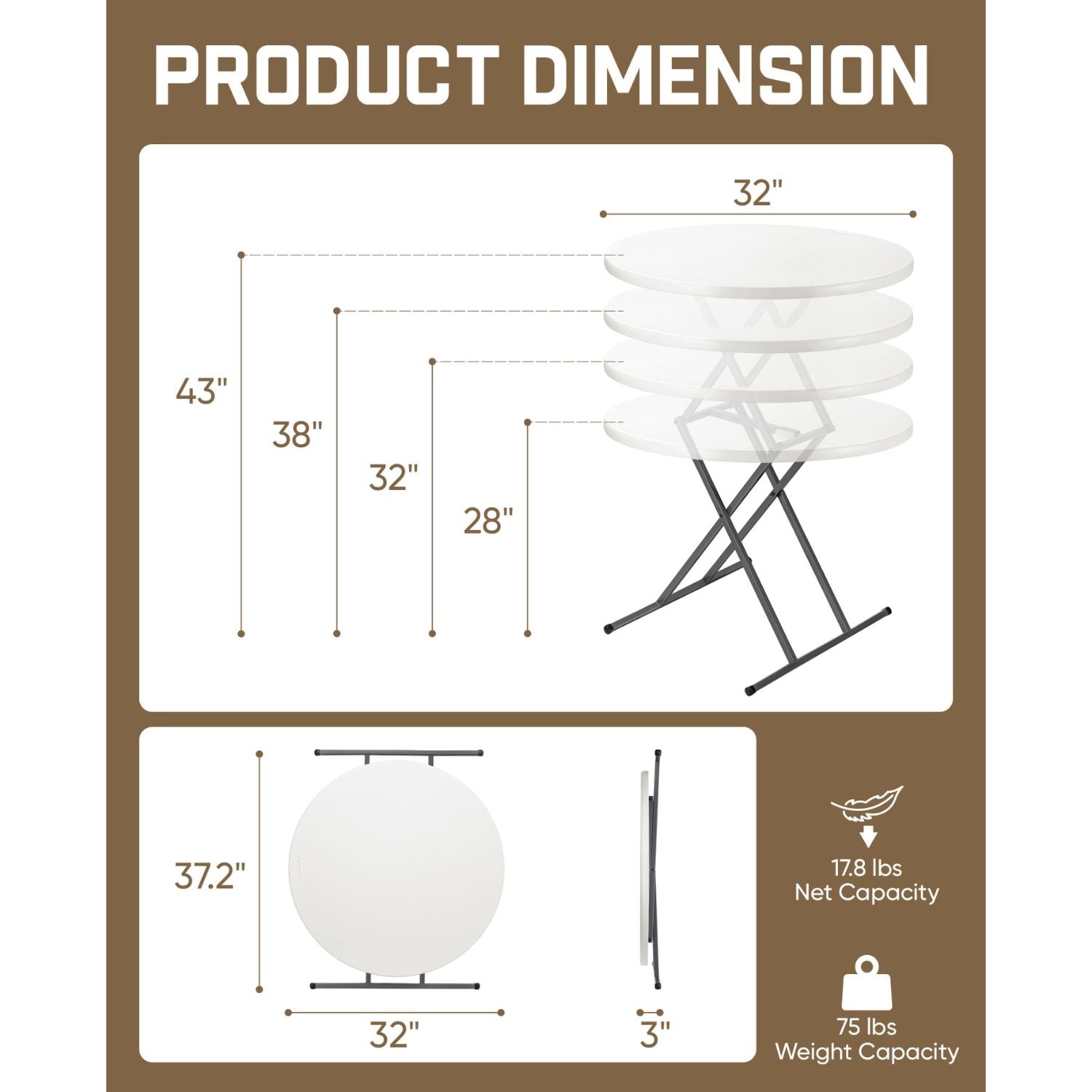 FanttikOutdoor Zeta O3 Pro 32" folding table dimensions: 32" diameter, adjustable heights 28"-43", 3" folded, 75 lbs capacity.