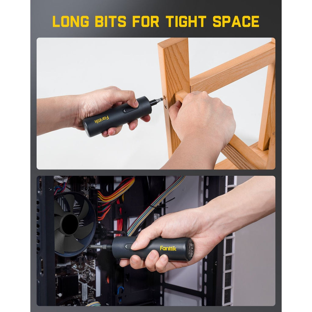 Fanttik S1 Capsule Deluxe cordless screwdriver with long bits for tight spaces, used for furniture and computer repair.