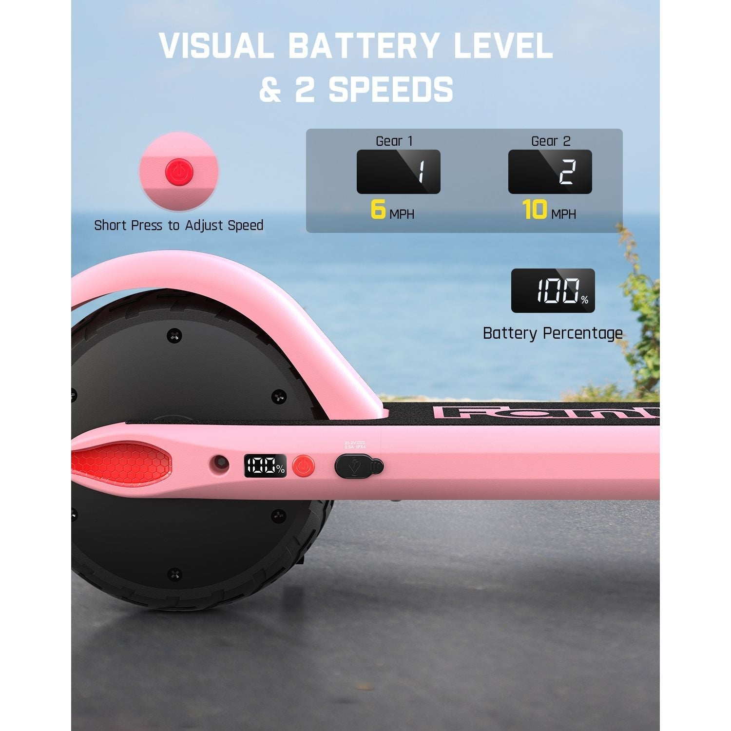 Pink FanttikRide C9 kids electric scooter with visual battery level and two speed options: 6 MPH and 10 MPH.