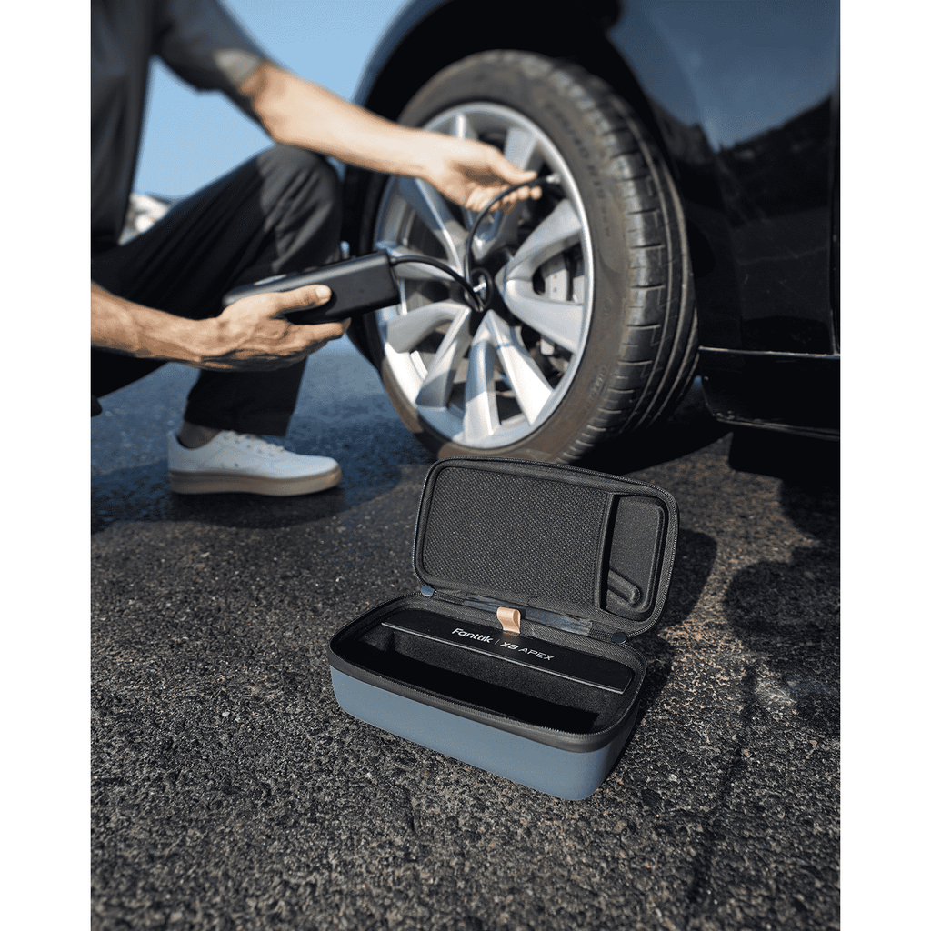 Fanttik EVA protection case for X8 APEX tire inflator, showing organized storage for the inflator and accessories.