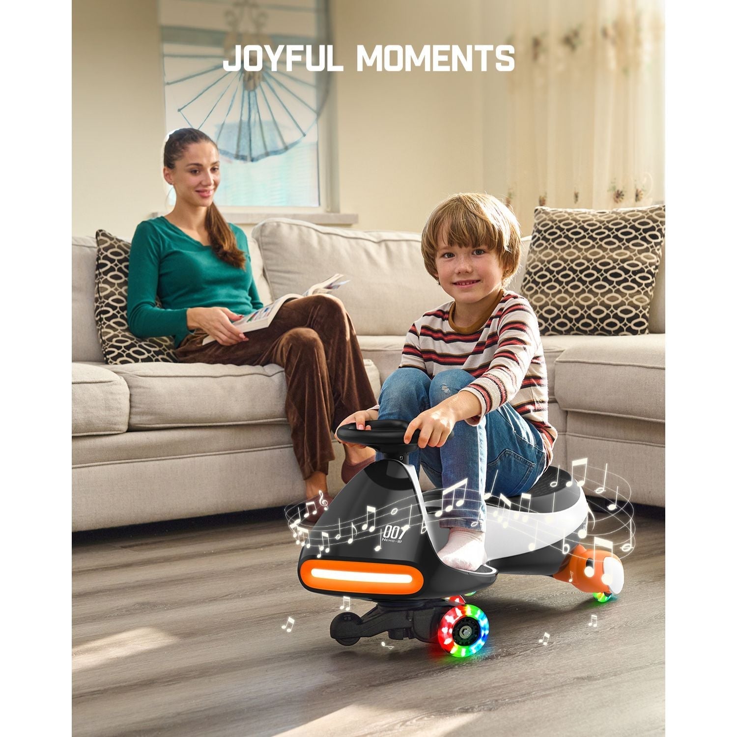 Boy on black FanttikRide N7 Pro wiggle car with flashing wheels. Woman watches. Text: JOYFUL MOMENTS.