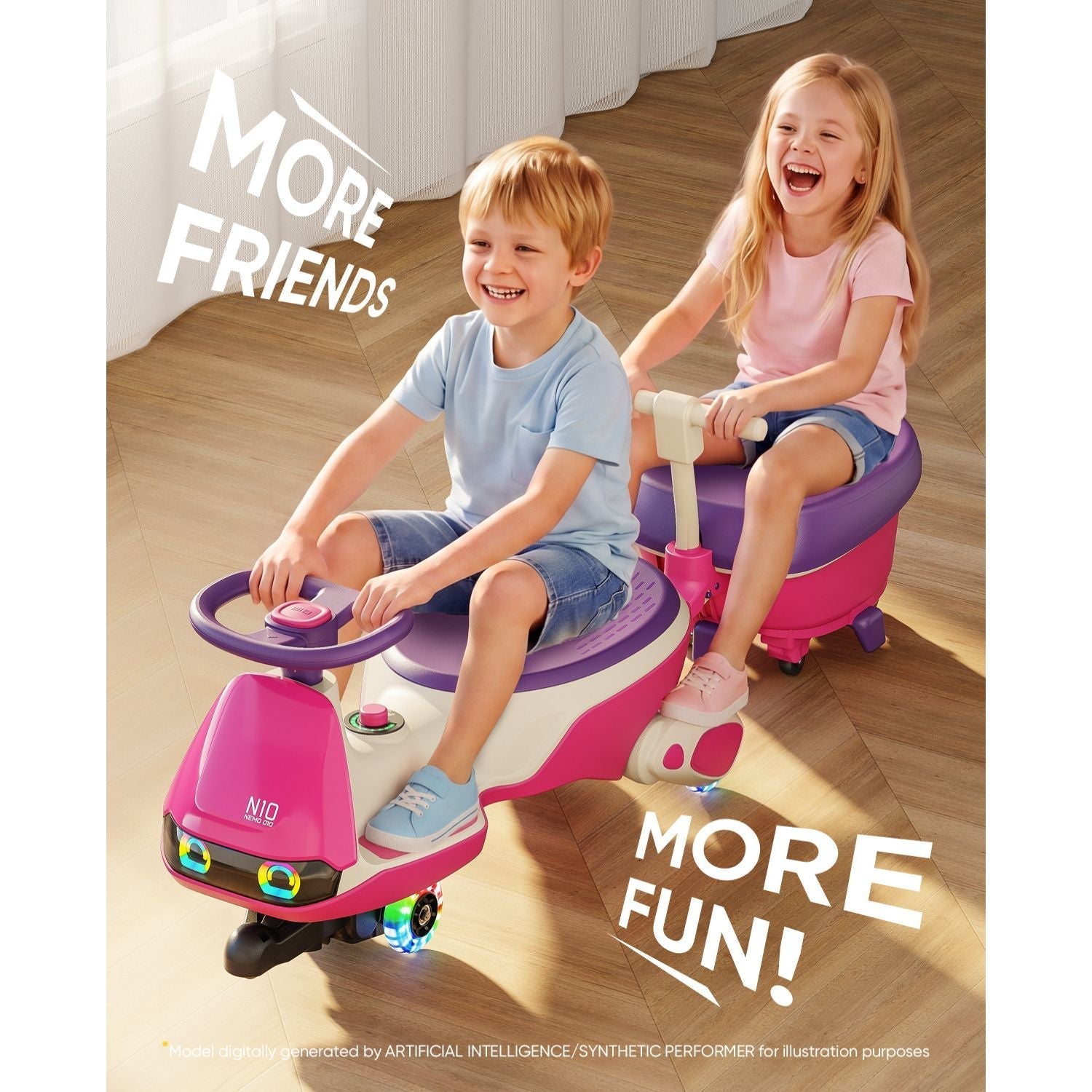 Kids riding FanttikRide N10 trailer, pink and purple wiggle car with LED wheels, indoor play