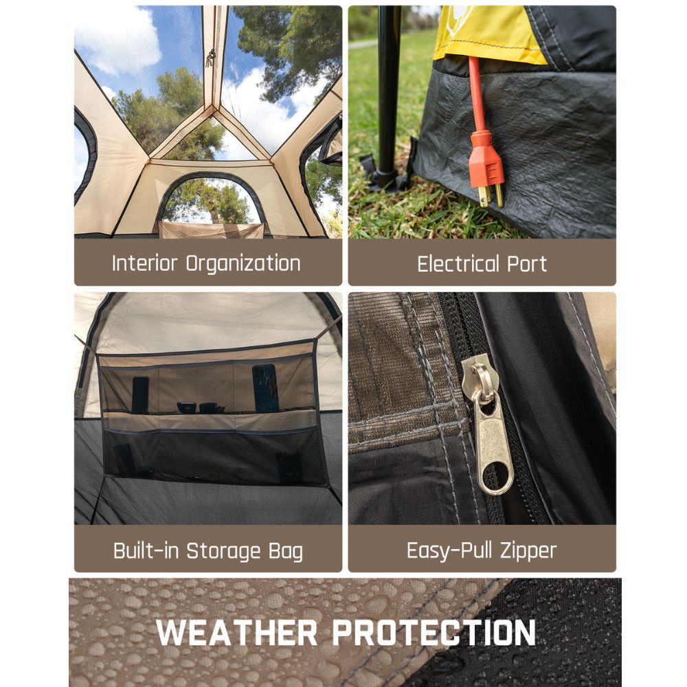 Fanttik C6 Pro Max tent: interior, electrical port, storage bag, easy-pull zipper, and weather protection.