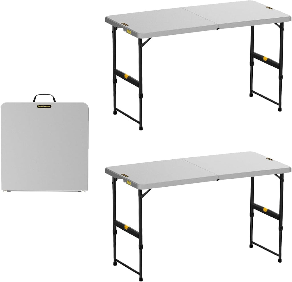 FanttikOutdoor Zeta X4 Pro 4ft white folding table, one folded, one unfolded. Features adjustable height and portability.