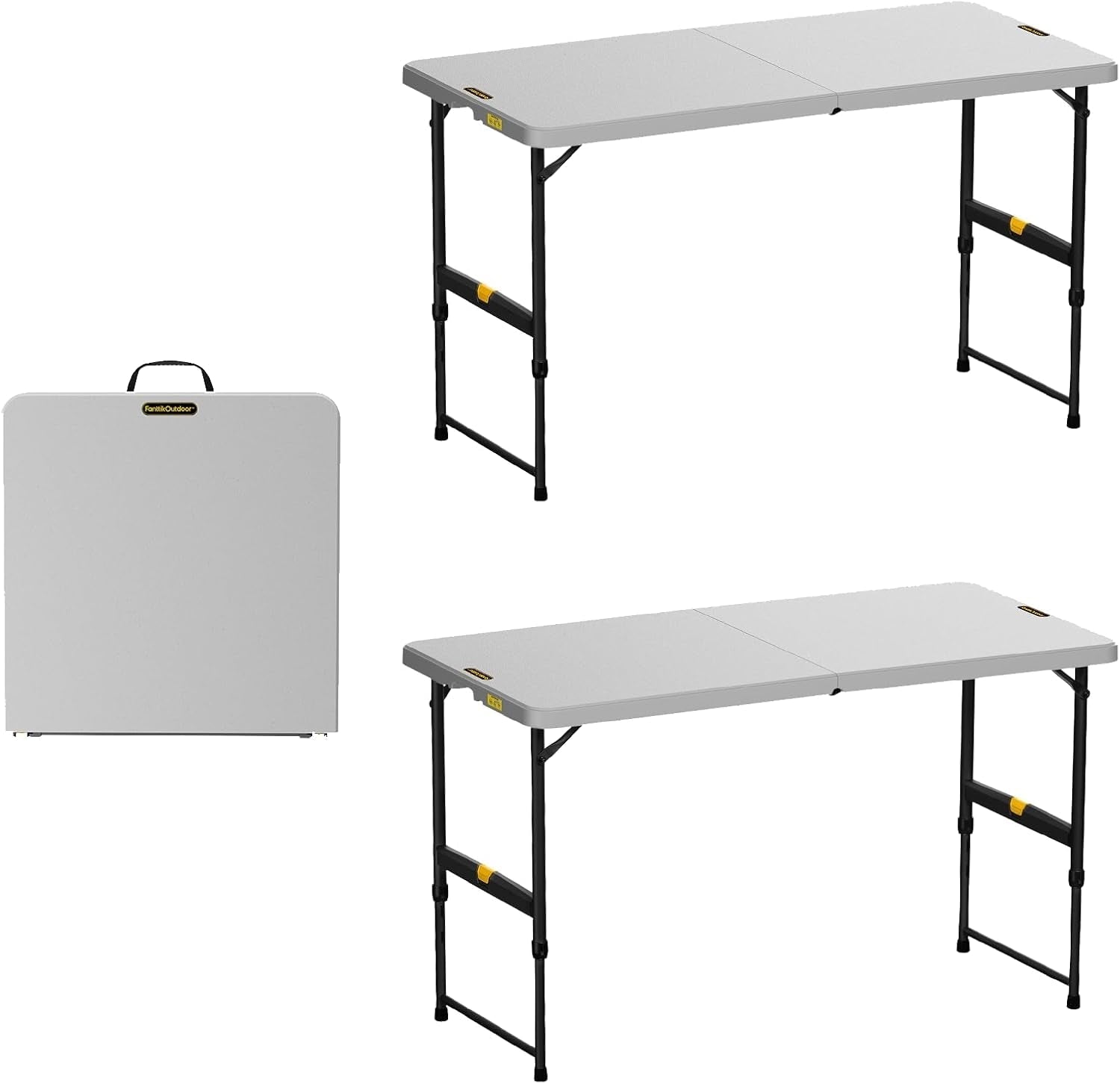 FanttikOutdoor Zeta X4 Pro 4ft white folding table, one folded, one unfolded. Features adjustable height and portability.