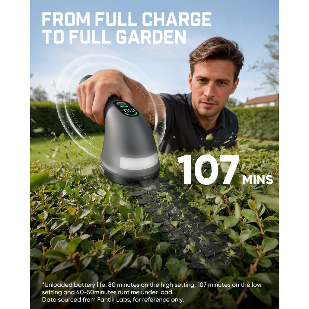 Fanttik Z10 Pro cordless hedge trimmer trimming shrubbery, digital display, 107 mins runtime