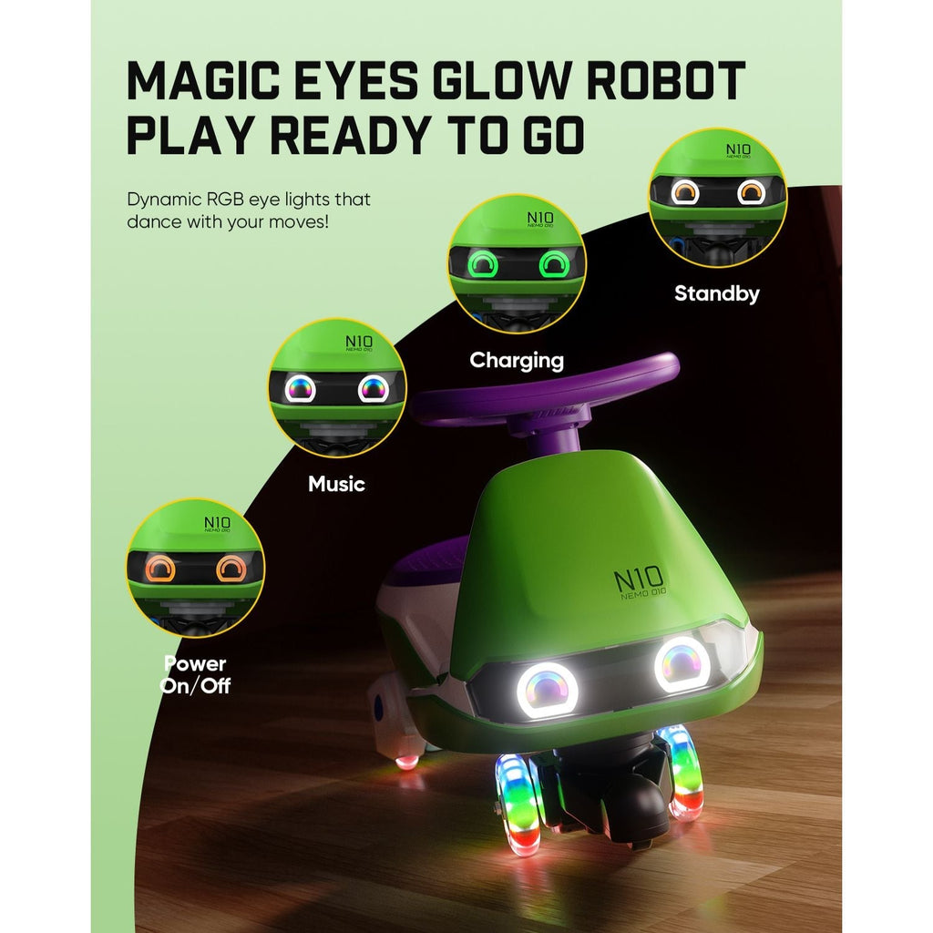FanttikRide N10 Pro electric wiggle car with RGB glow eyes, charging, music, and standby modes