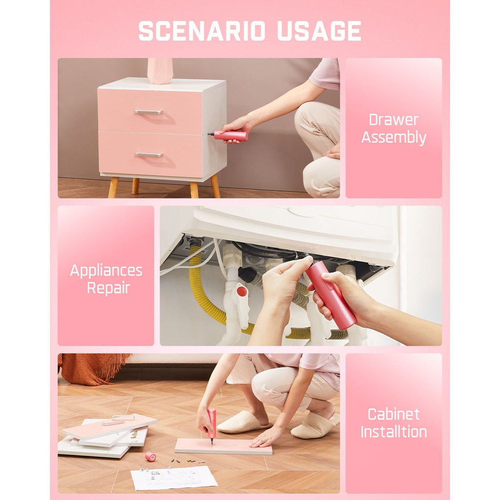 Fanttik S1 Capsule pink screwdriver used for drawer assembly, appliance repair, and cabinet installation scenarios.