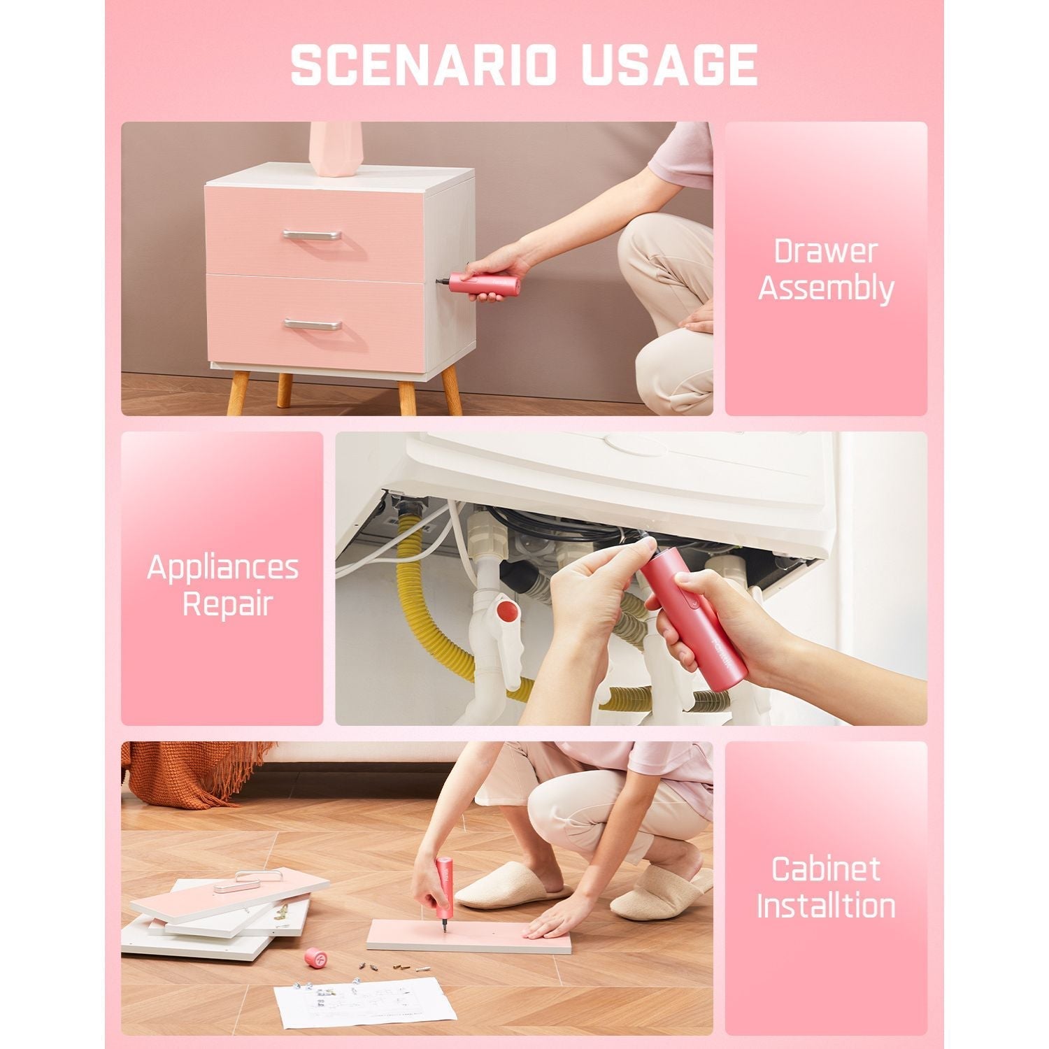 Fanttik S1 Capsule pink screwdriver used for drawer assembly, appliance repair, and cabinet installation scenarios.