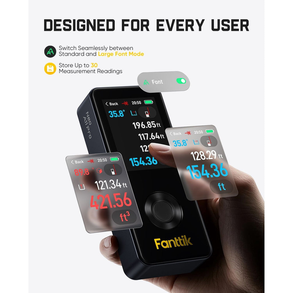 Hand holding aFanttik Neo A11 Pro Laser Measuring Tool with multiple screens displaying measurements, branded 'Fanttik'.