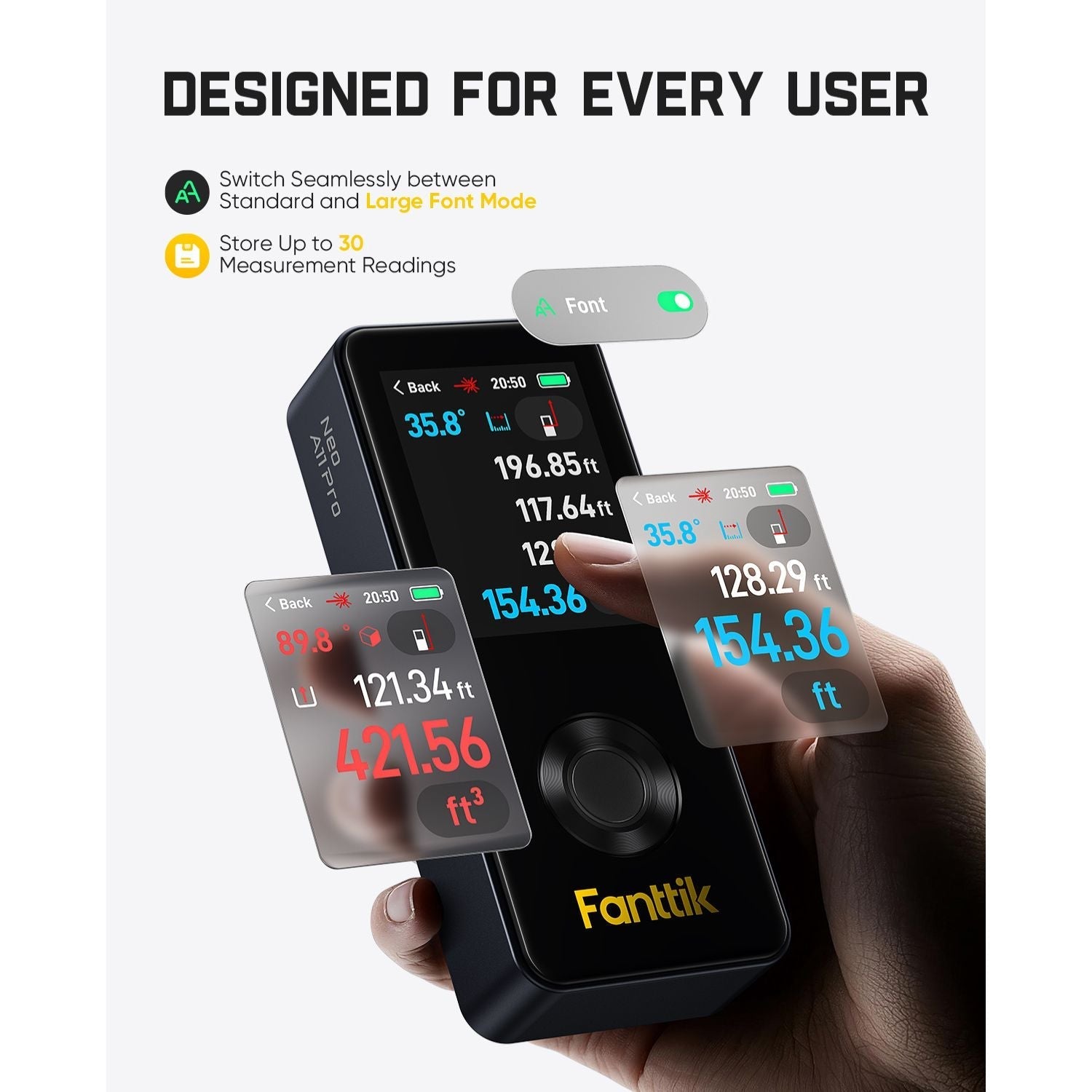 Hand holding aFanttik Neo A11 Pro Laser Measuring Tool with multiple screens displaying measurements, branded 'Fanttik'.
