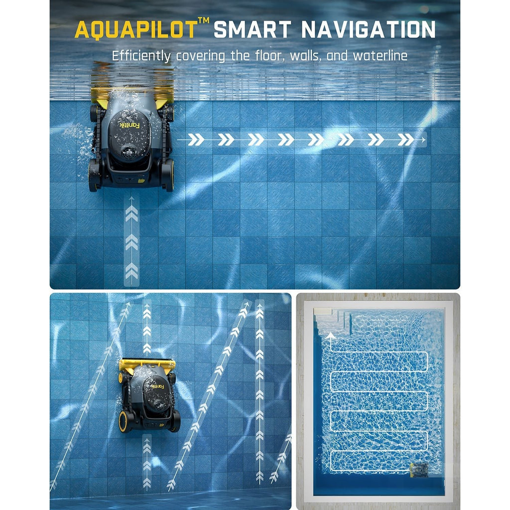 Fanttik Aero X robotic pool cleaner with AquaPilot smart navigation on pool floor and wall, showing cleaning path. Text: AQUAPILOT™ SMART NAVIGATION.