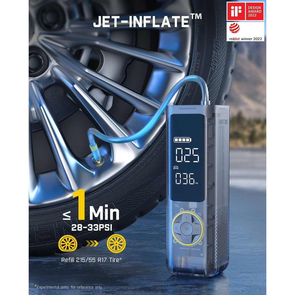Fanttik X8 APEX tire inflator, mechanical gray. Shows digital PSI reading, < 1 min refill, and design awards. Connects to car tire.