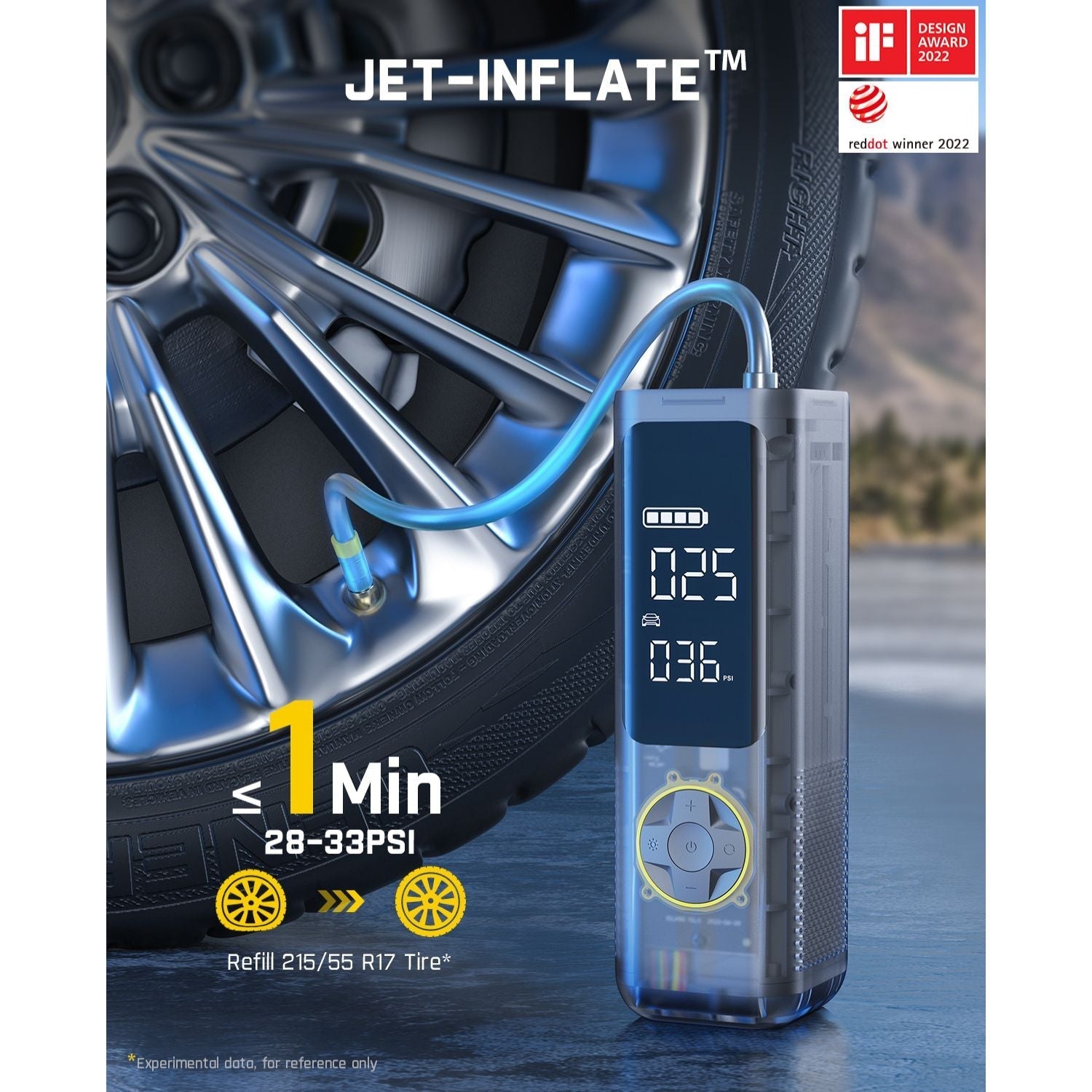 Fanttik X8 APEX tire inflator, mechanical gray. Shows digital PSI reading, < 1 min refill, and design awards. Connects to car tire.