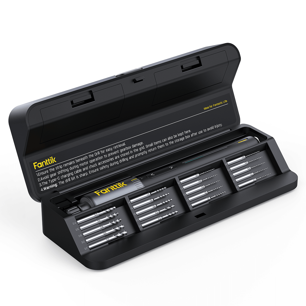 Fanttik K2 Nano 3.7V precision power drill with various HSS drill bits in a black storage case.