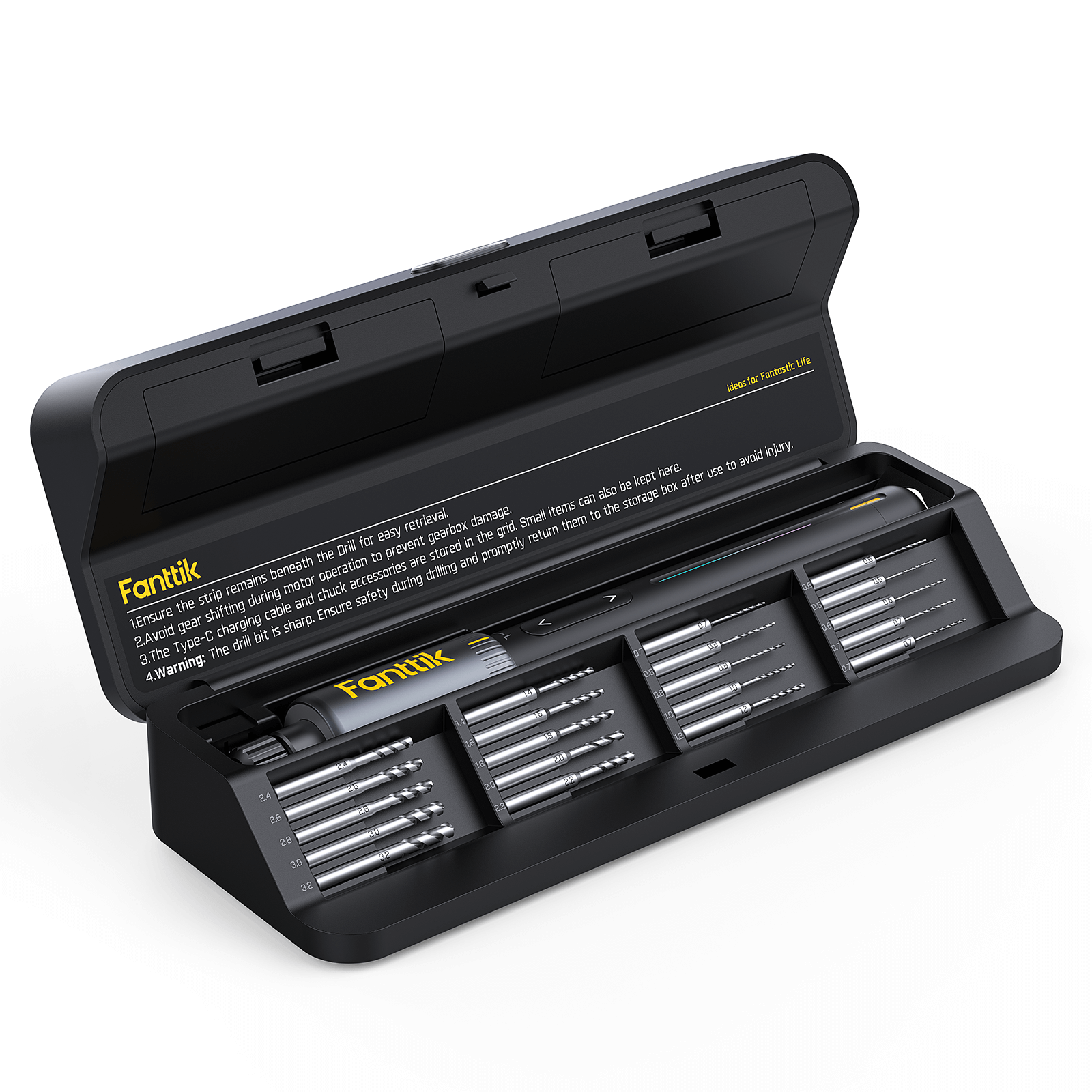 Fanttik K2 Nano 3.7V precision power drill with various HSS drill bits in a black storage case.