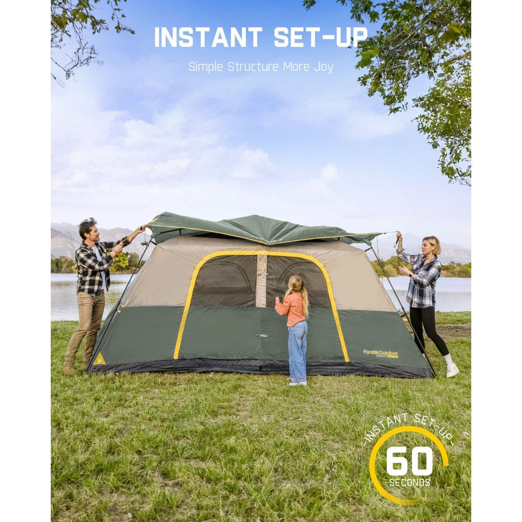 Family setting up a green and tan FanttikOutdoor Zeta C10 Pro camping tent, highlighting instant set-up in 60 seconds.