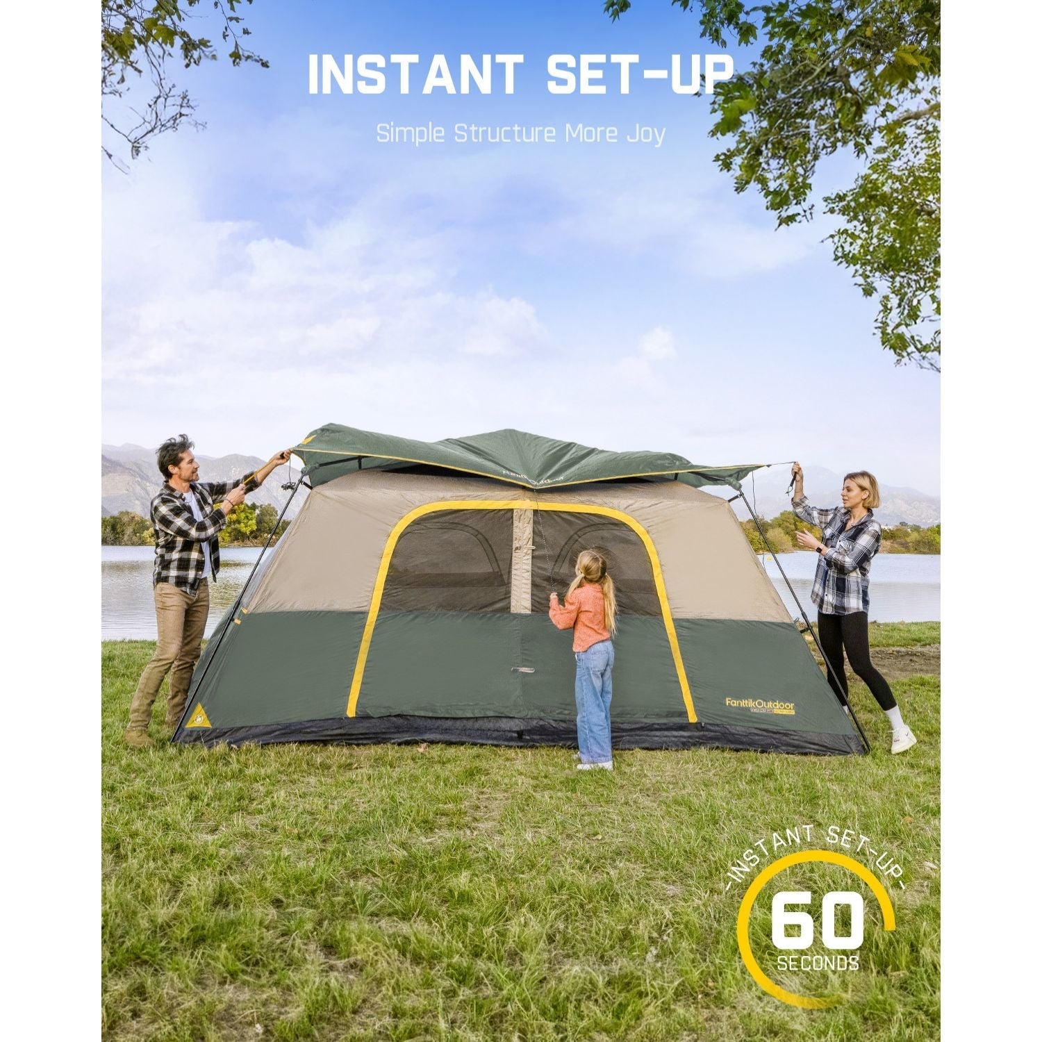 Family setting up a green and tan FanttikOutdoor Zeta C10 Pro camping tent, highlighting instant set-up in 60 seconds.