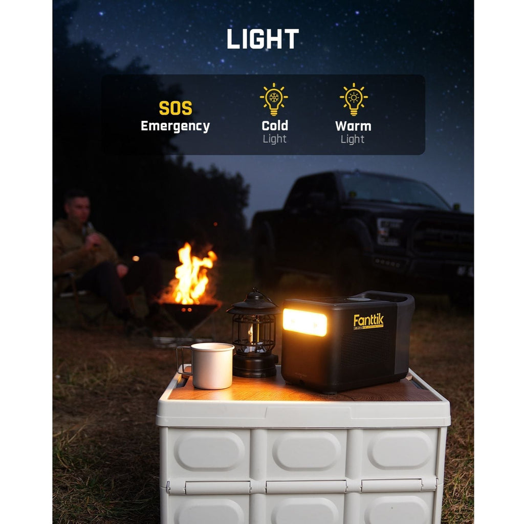 Fanttik X9 Ultra tire inflator with built-in LED light and power bank, showcasing SOS, Cold, and Warm light modes.