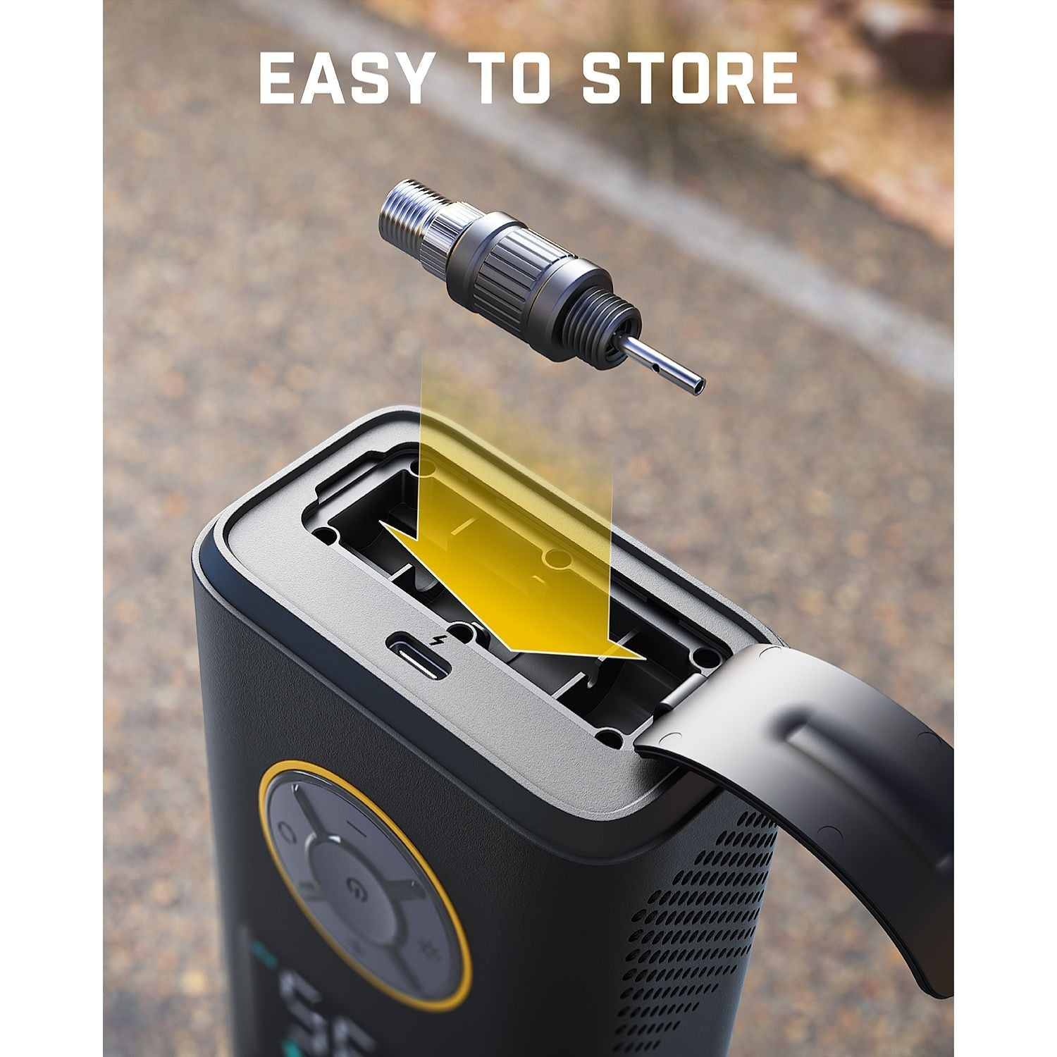 Fanttik X10 Pro tire inflator with easy storage accessory compartment