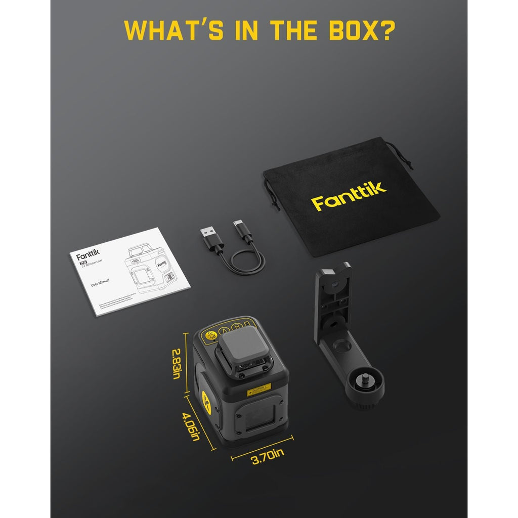 Fanttik D5 laser level kit with accessories: user manual, USB-C cable, carrying pouch, and magnetic bracket.