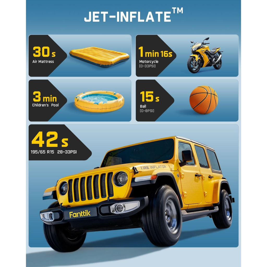 Fanttik X10 Cross: jet-inflate times for air mattress, motorcycle, pool, basketball, and Jeep tires.