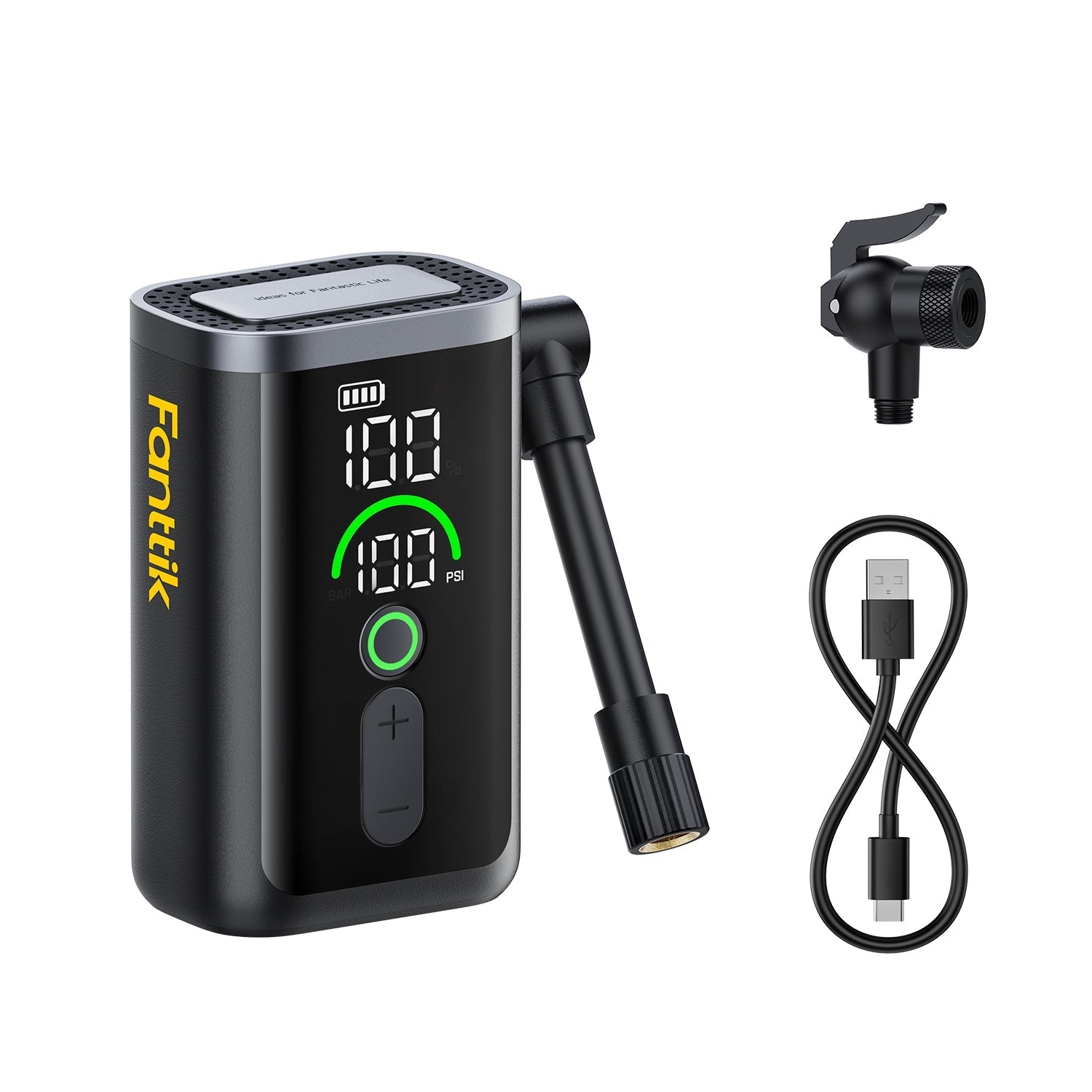 Fanttik X11 Ace tiny bike pump with digital PSI display, air hose, valve adapter and USB charging cable