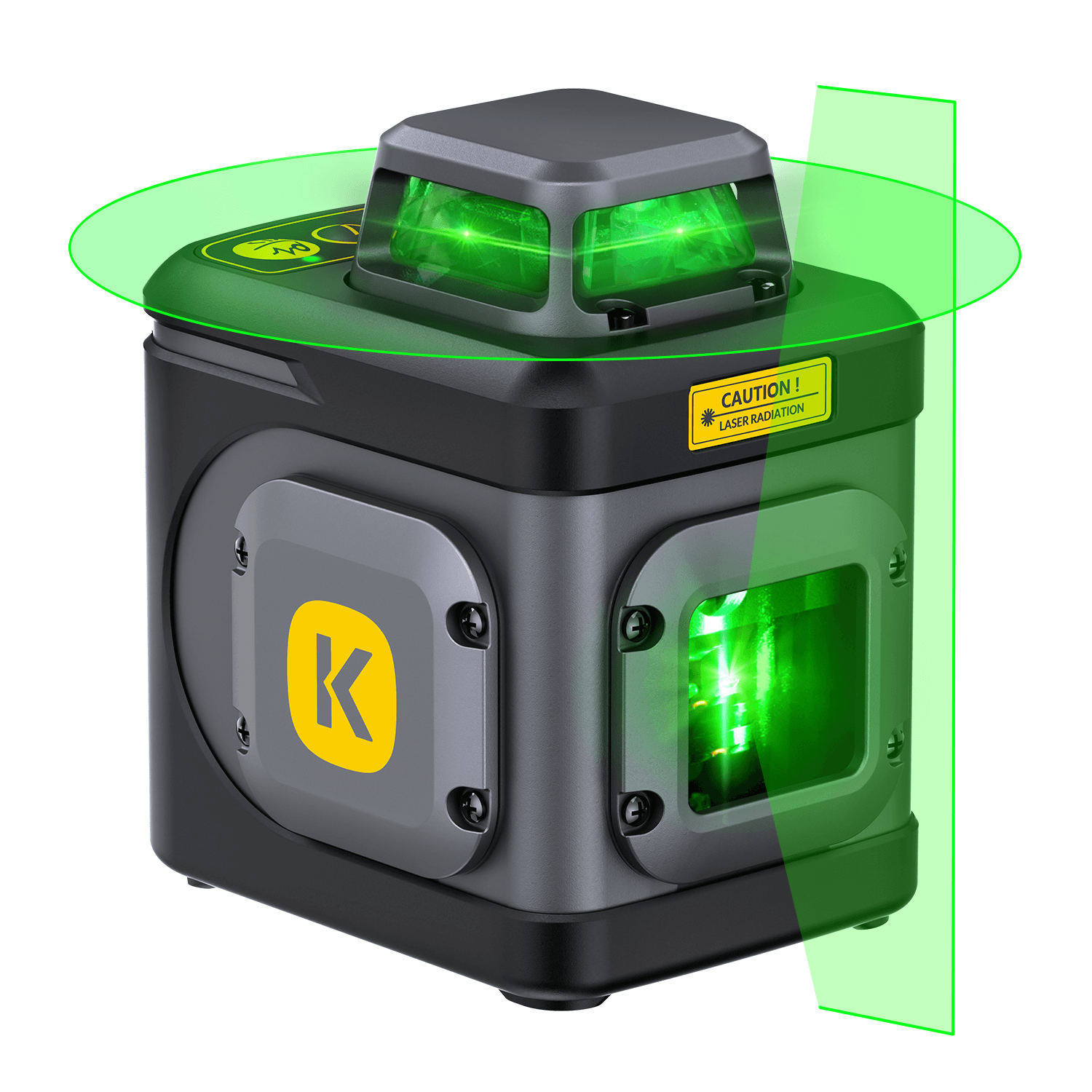 Fanttik D5 laser level with green horizontal and vertical lines, featuring a caution sticker and K logo.