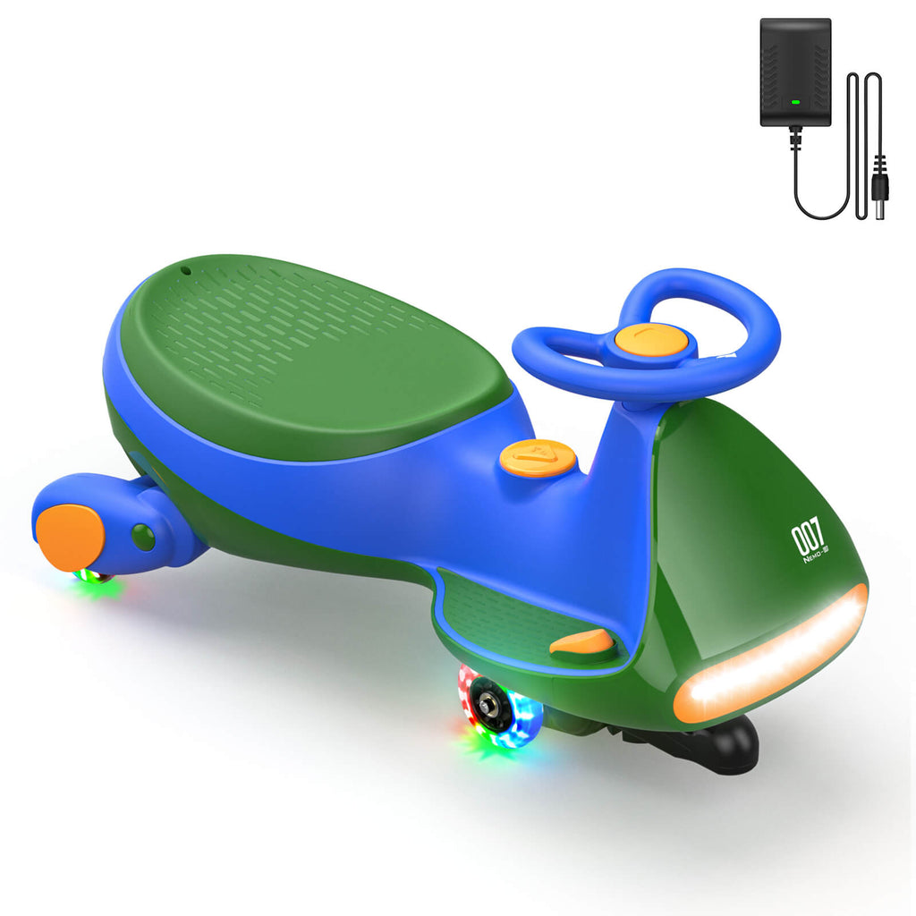 Green and blue FanttikRide N7 Classic 6V electric wiggle car with LED wheels, steering wheel, and charger. Features '007' text.