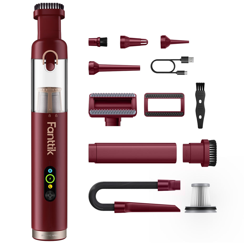 Fanttik Slim V10 Apex cordless car vacuum in red with multiple cleaning attachments and accessories displayed around it.