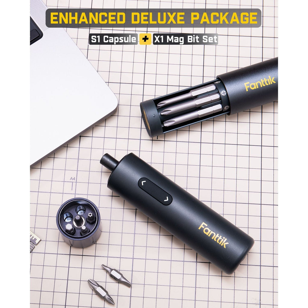 Fanttik S1 Capsule Deluxe cordless screwdriver with magnetic bit set, ideal for DIY.