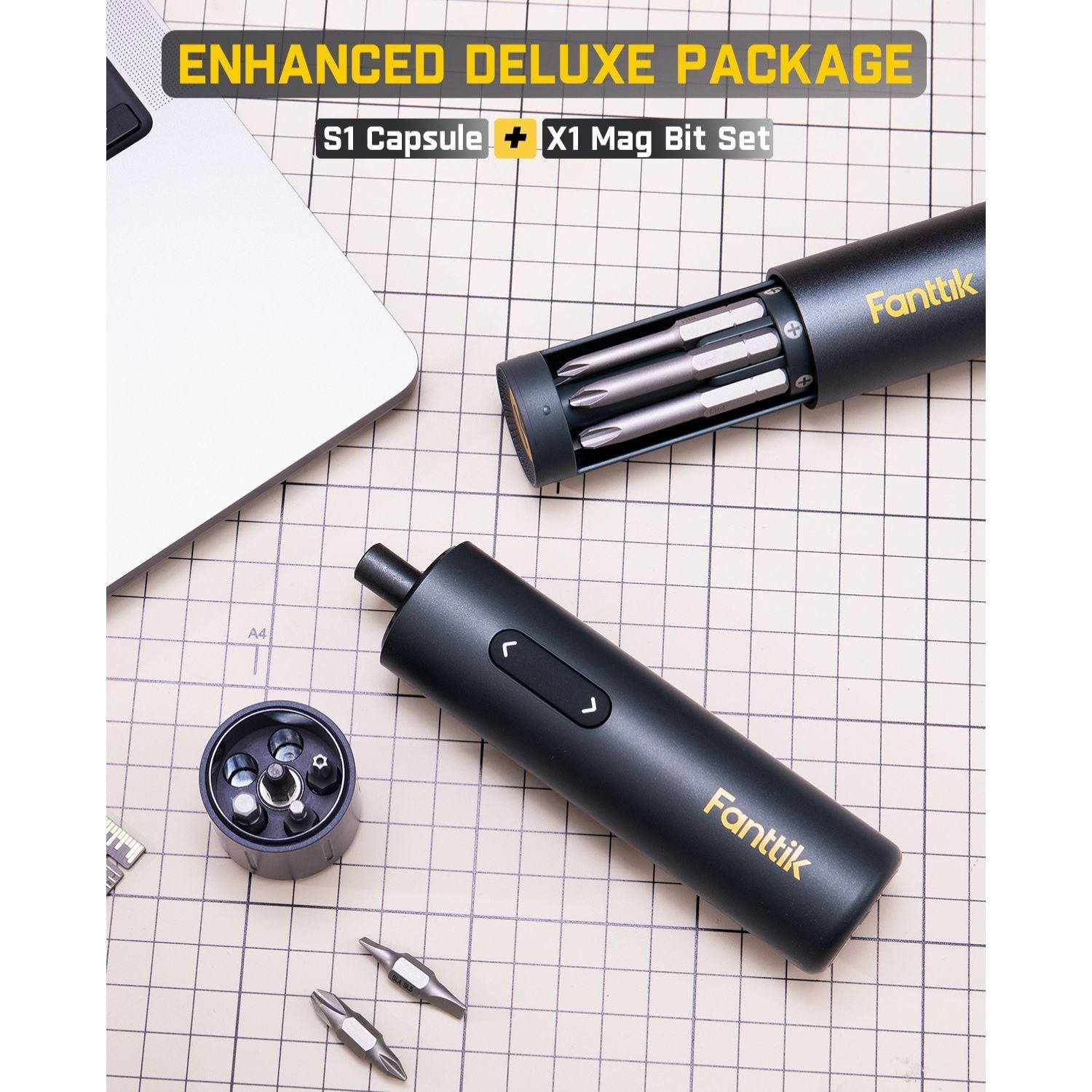 Fanttik S1 Capsule Deluxe cordless screwdriver with magnetic bit set, ideal for DIY.