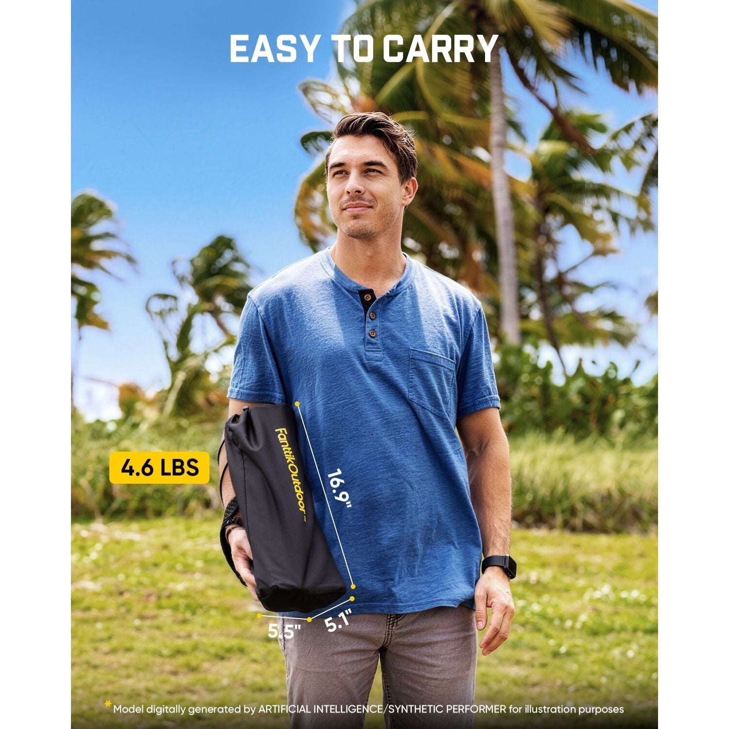 Man holding a black bag with text indicating weight and dimensions, set against a tropical background.