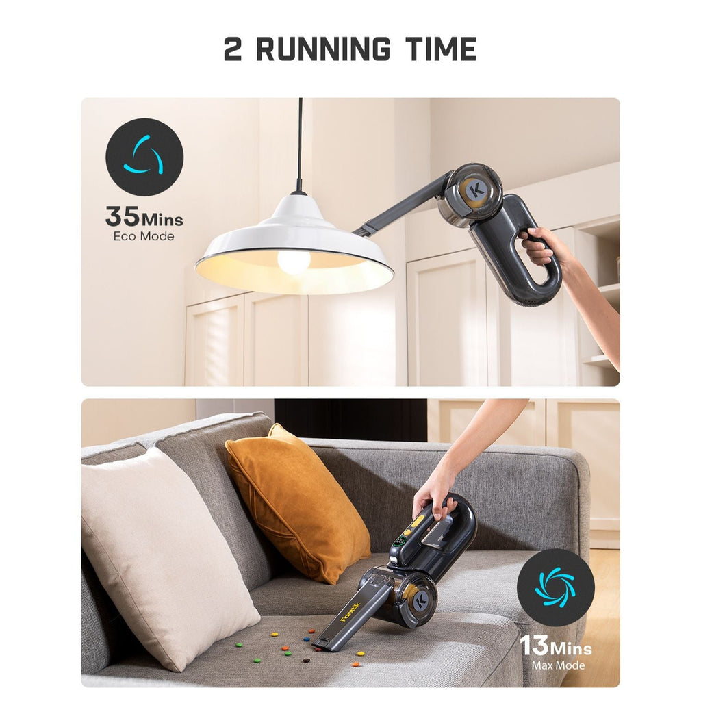 Fanttik V10 Ultra handheld vacuum: 35 min Eco Mode for high cleaning, 13 min Max Mode for couch cleaning.