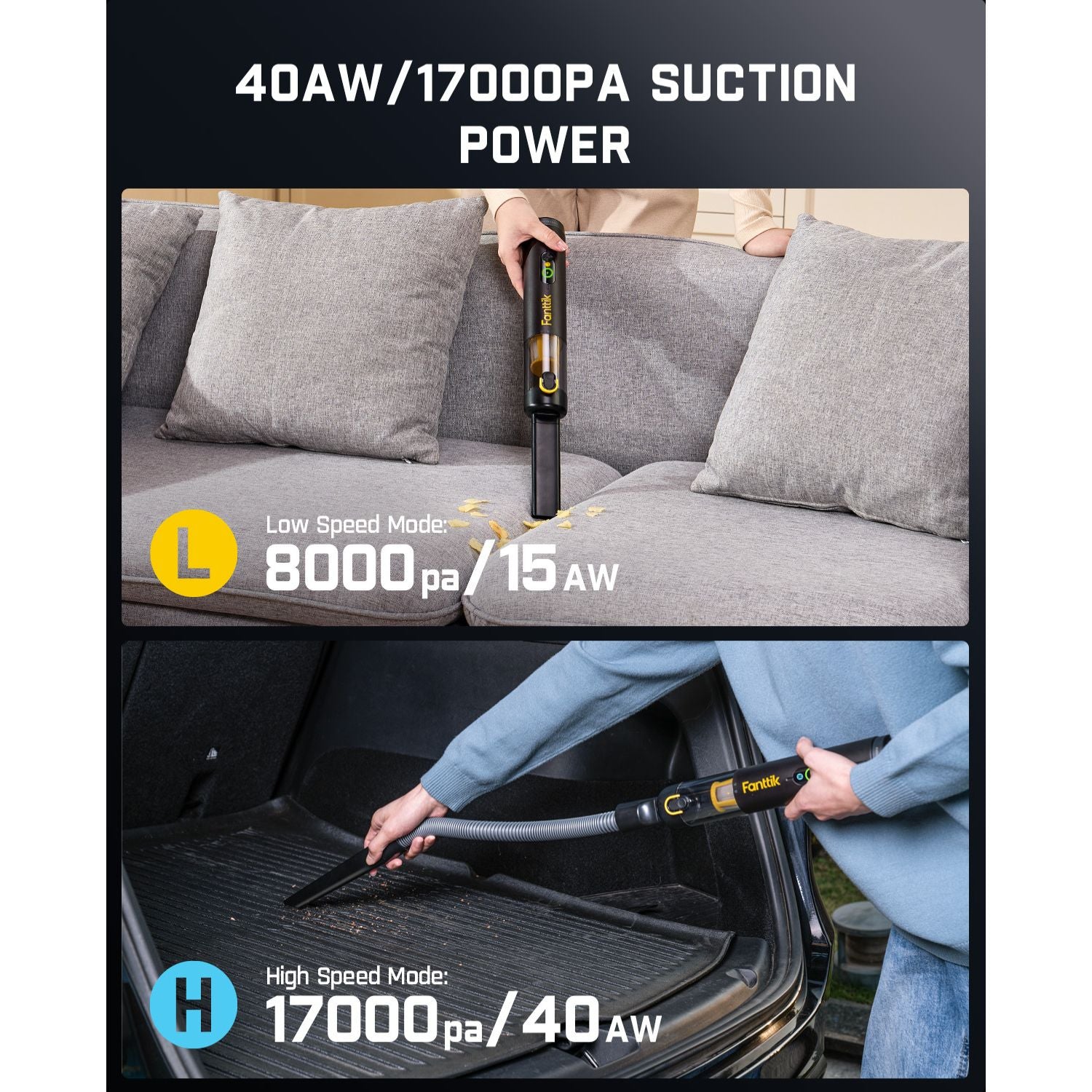 Fanttik V10 Mate vacuum: 17000Pa suction, low speed 8000Pa/15AW for sofas, high speed 17000Pa/40AW for car interiors.