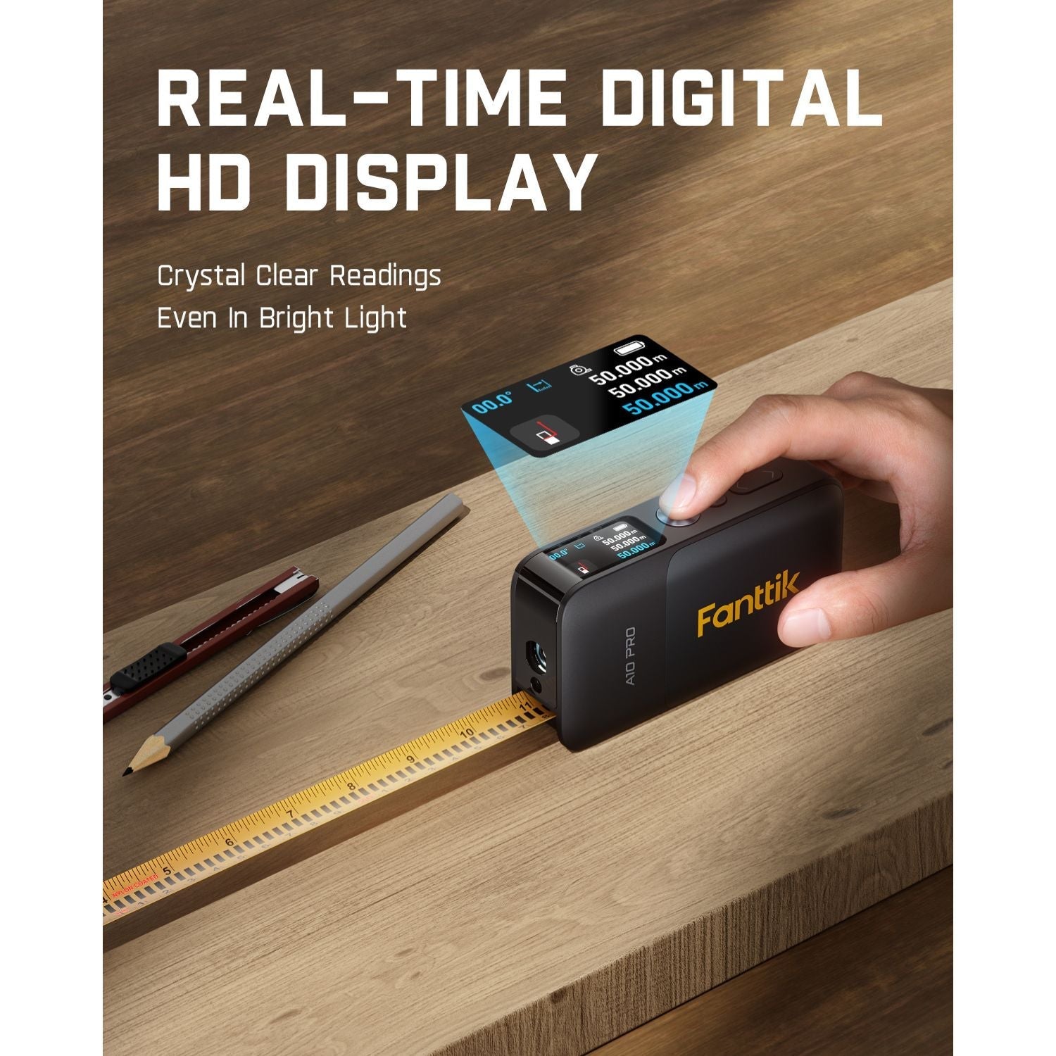 Fanttik A10 Pro laser distance meter with HD IPS display shows real-time measurements. Features tape measure and laser functions.